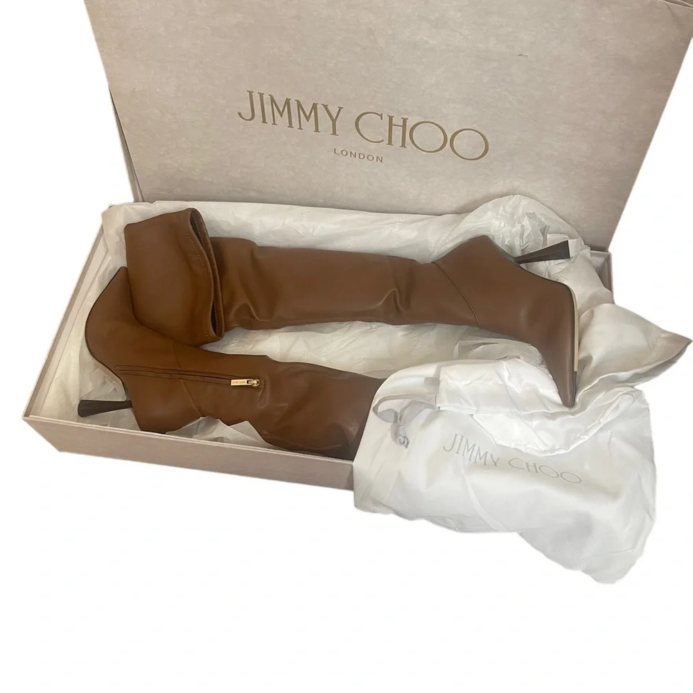 JIMMY CHOO Bryson 100 Tan Stretch Bonded Fabric Over-The-Knee‎ Boots Tan SZ 35.5